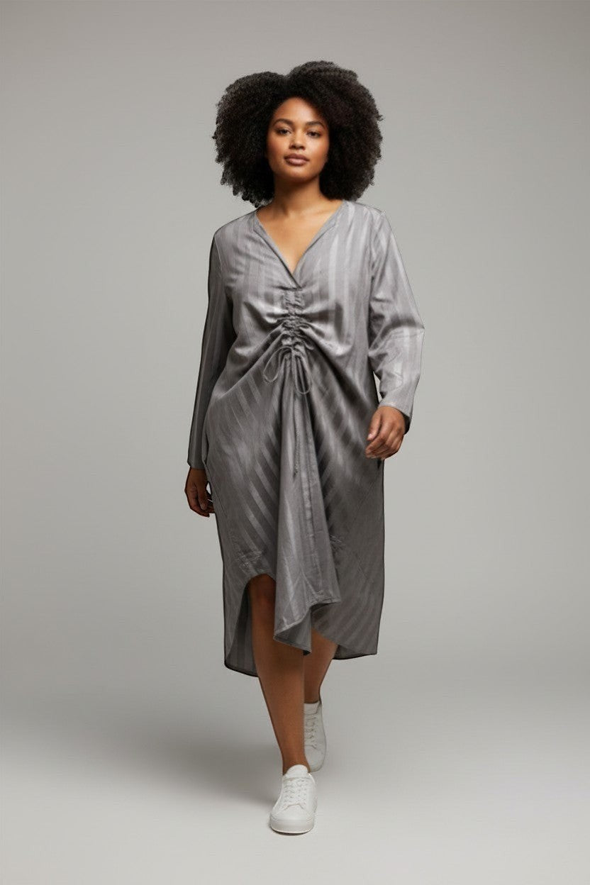 NAMLAB grey striped cotton midi shirt dress with V-neckline, full sleeves, and adjustable ruched panel.
